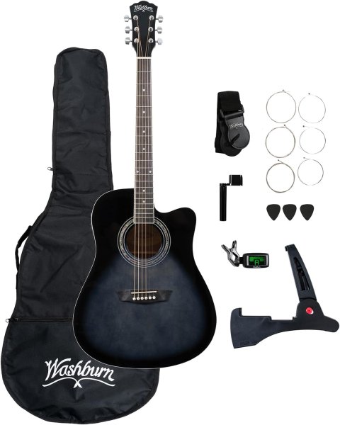 Okoume Body Dreadnought Acoustic / Electric Guitar Pack With Built-In Tuner, Transparent Black Burst