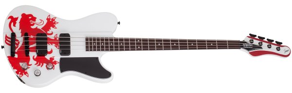Simon Gallup Ultra Spitfire Electric Bass, Gloss White with Red Lion graphic